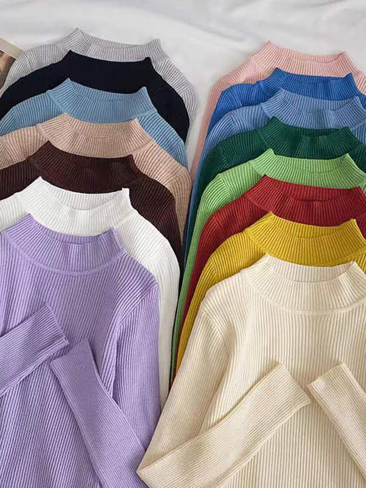 Suéter de cuello alto suave para mujer, jersey básico informal elástico de punto acanalado, suéteres de mujer 2026