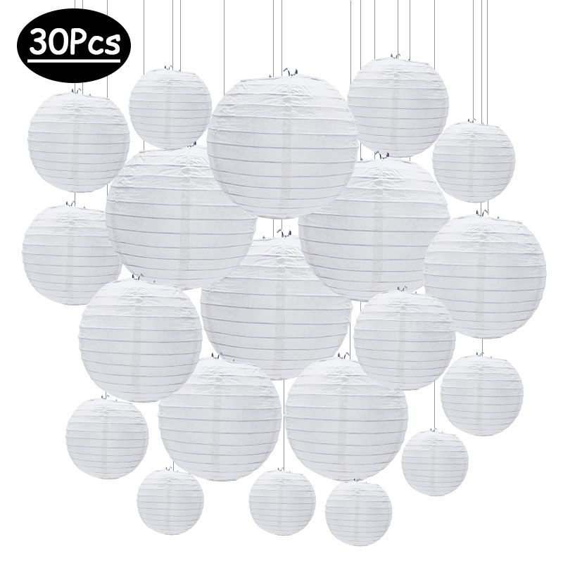 30 pçs/lote 4 ''-12'' Branco Chinês Lanternas de Papel Bola Pendurada Lanterna Redonda para Festa de Aniversário de Casamento Evento Decoração de Natal