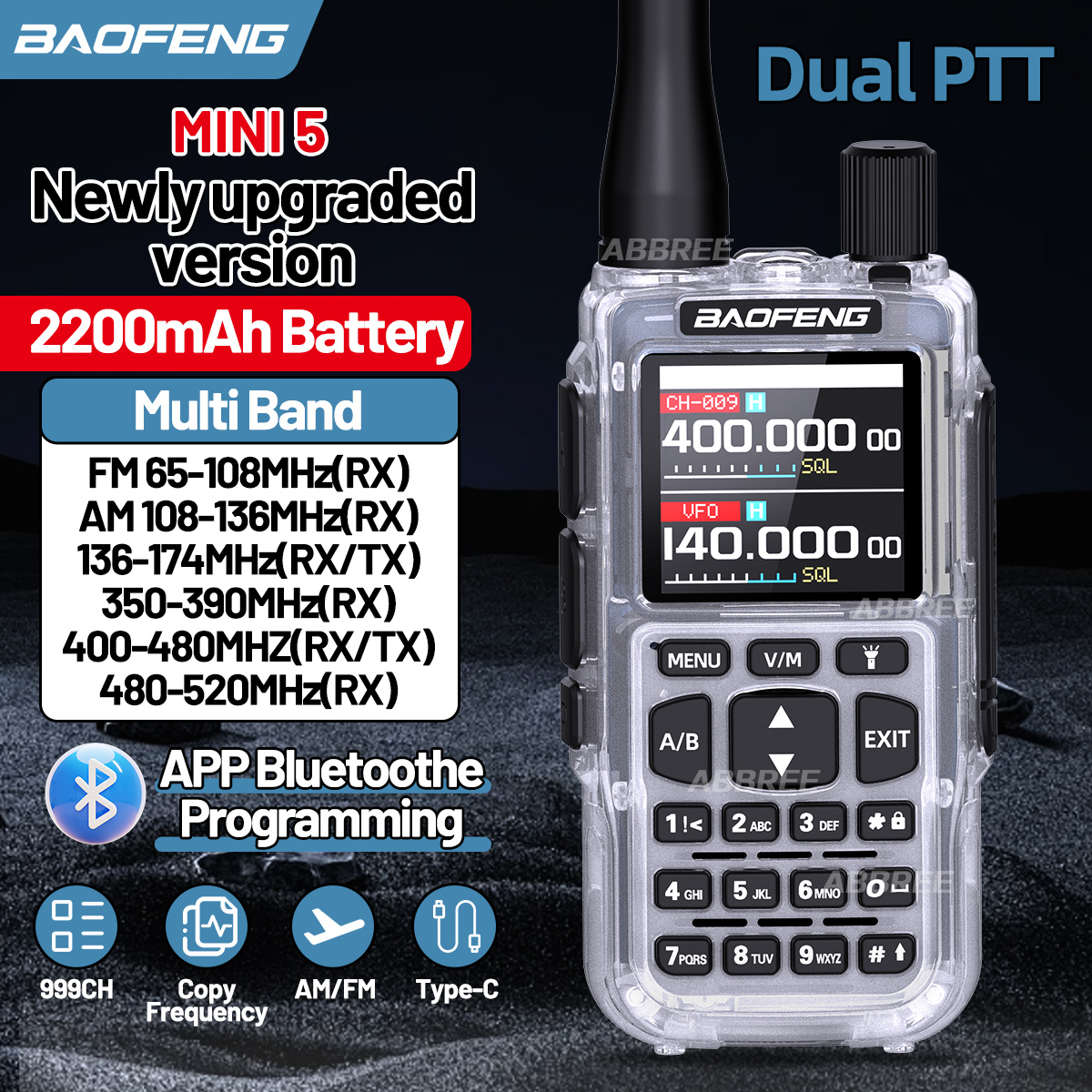 BAOFENG MINI-5 Amateurfunkgerät mit 2200mAh Akku, APP-Bluetooth-Programmierung, Langstrecken-Walkie-Talkie, Vollband AM/FM, 999 Kanäle, Frequenzkopierfunktion, VOX, neu verbessertes UV-5R MINI Zwei-Wege-Funkgerät für Camping, Wandern, Jagdausrüstung