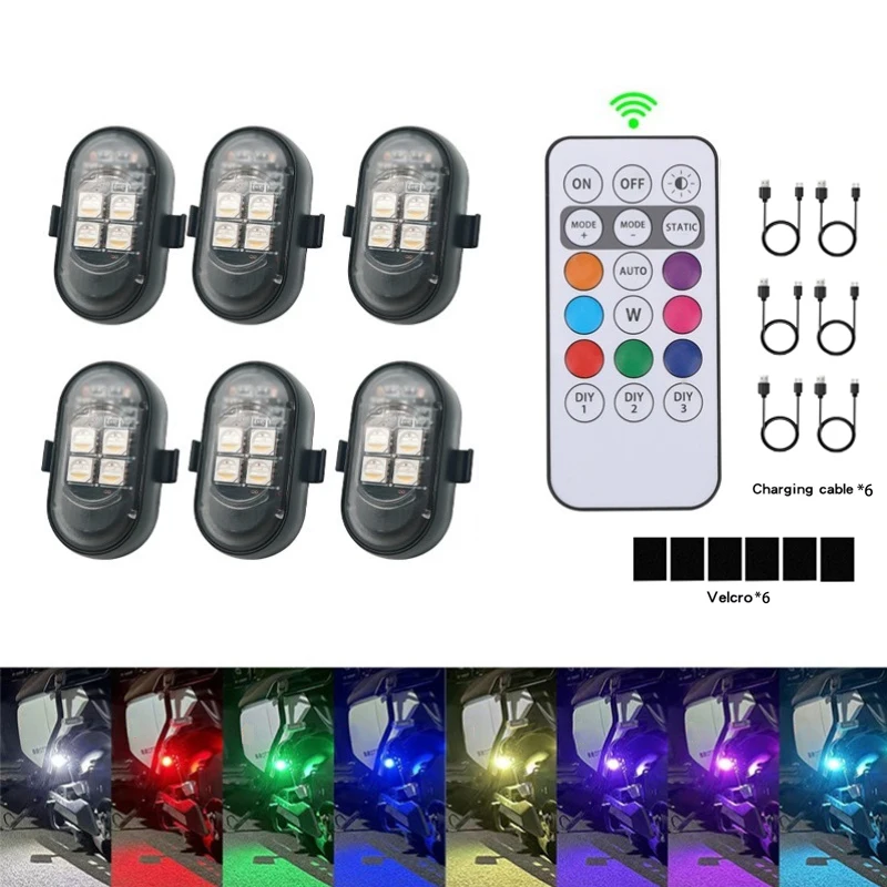 4/6PCS RGB Led Auto Stroboscooplichten Motor Draadloos Licht Vliegtuigen Vliegtuig Helikopter Waarschuwingslichten LED-flitser met USB-oplading