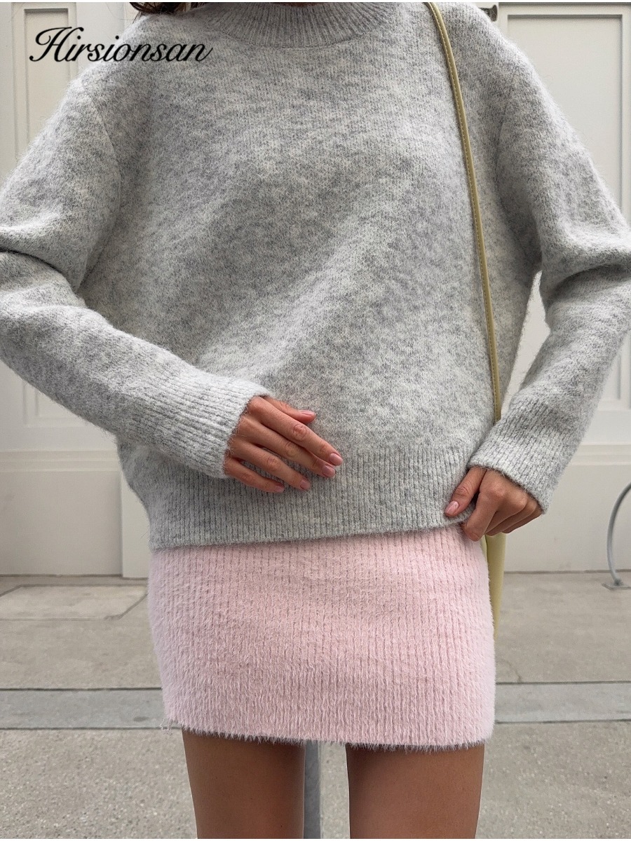 Hirsionsan-suéter básico de manga básica con cuello redondo para mujer, jersey de lana de punto corto de gran tamaño, Tops suaves cálidos y gruesos informales para mujer 2025