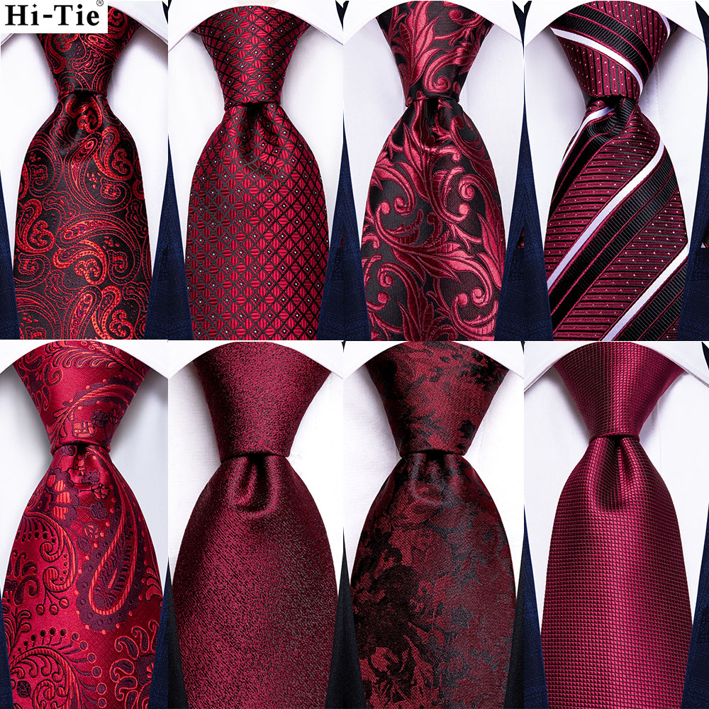 Gravata Masculina de Seda Hi-Tie Vermelha Borgonha com Estampa Paisley e Listras Sólidas para Casamento, Negócios e Festas, Conjunto com Lenço de Bolso e Abotoaduras para Dropshipping
