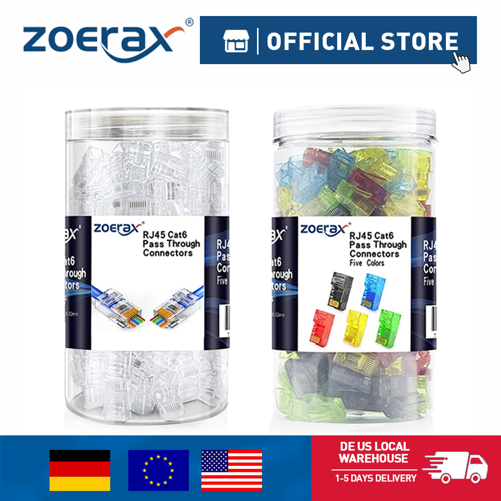 ZoeRax 200-Pack RJ45 Cat6 Cat5e Konektor Pass Through Berbagai Macam Warna Colokan Modular RJ45 untuk Kabel UTP Padat atau Terdampar