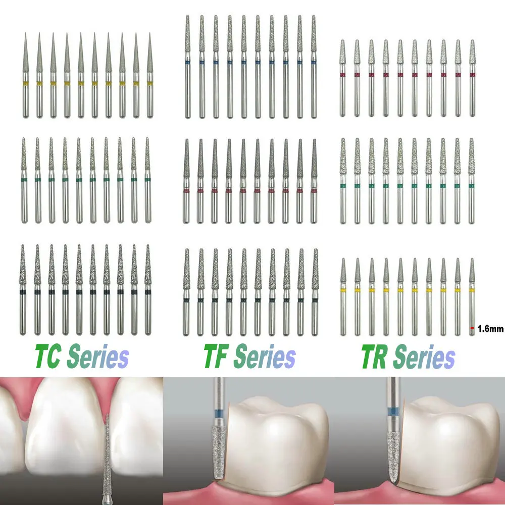10pcs FG Dental Diamond Burs สําหรับ Handpiece ความเร็วสูงทันตกรรมฟัน Seperator เพชร Abrade Crown Cavity เตรียม TC/TF/TR