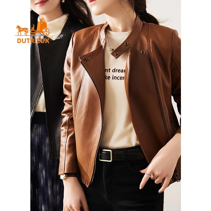 Casaco de couro de carneiro high-end para mulheres, couro genuíno casaco curto, temperamento simples, gola alta, inverno novo