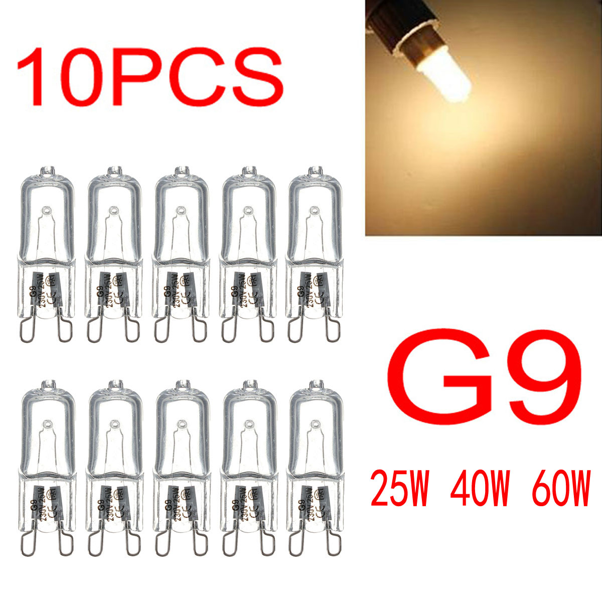10 Cái/lốc G9 220-240V 25W 40W 60W Di Động Trắng Ấm Bóng Đèn Ánh Sáng Đèn 3000-3500K Quả Cầu 230V Viên Trong Sáng Bóng