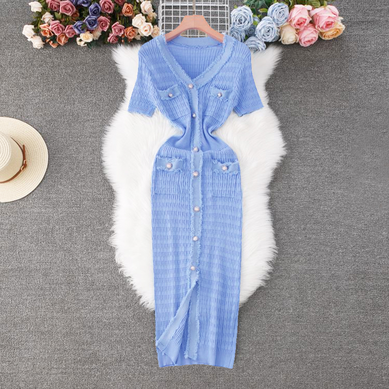 YuooMuoo 2026 nouveauté femmes tricoté longue robe élégante col en v simple boutonnage fendu robe pull bureau dame robes
