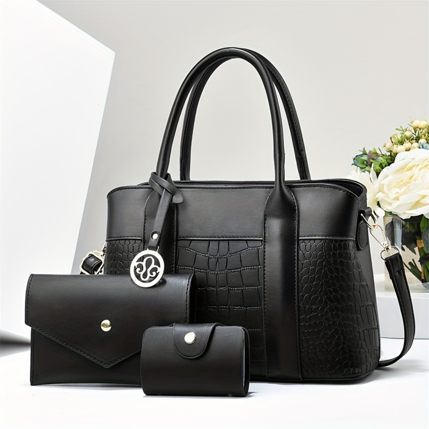 Fashion Handbag Set: Crocodile Pattern Tote, Shoulder Bag & Clutch, Textured PU Leather Purse