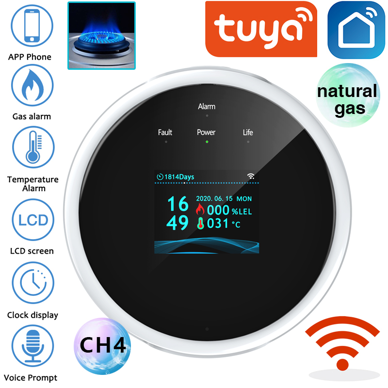 Tuya 2.4G WiFi czujnik alarmu gazowego detektor gazów palnych współpracuje z aplikacją Smart Life Push Push dla domowego systemu alarmowego