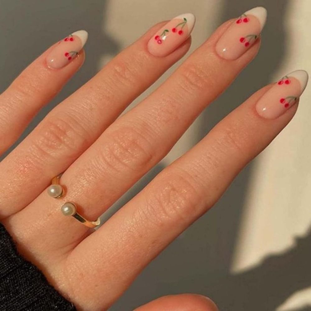 24 pezzi unghie finte acriliche rimovibili premere sull'unghia Cute Cherry French Almond unghie finte artificiali indossabili punte per unghie a copertura totale