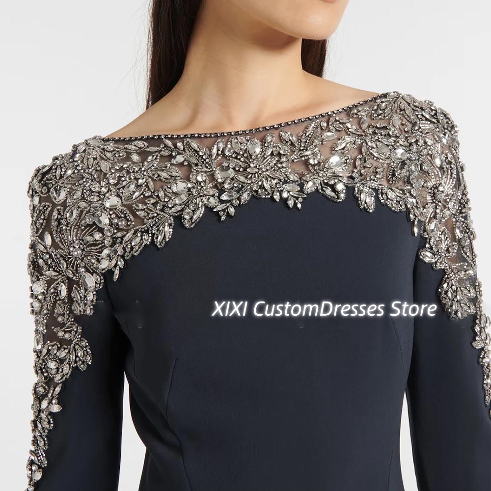 Vestidos de noite de luxo com zíper, mangas compridas, personalizado, 2025, frisado, até o chão, decote redondo, vestidos de baile, linha a