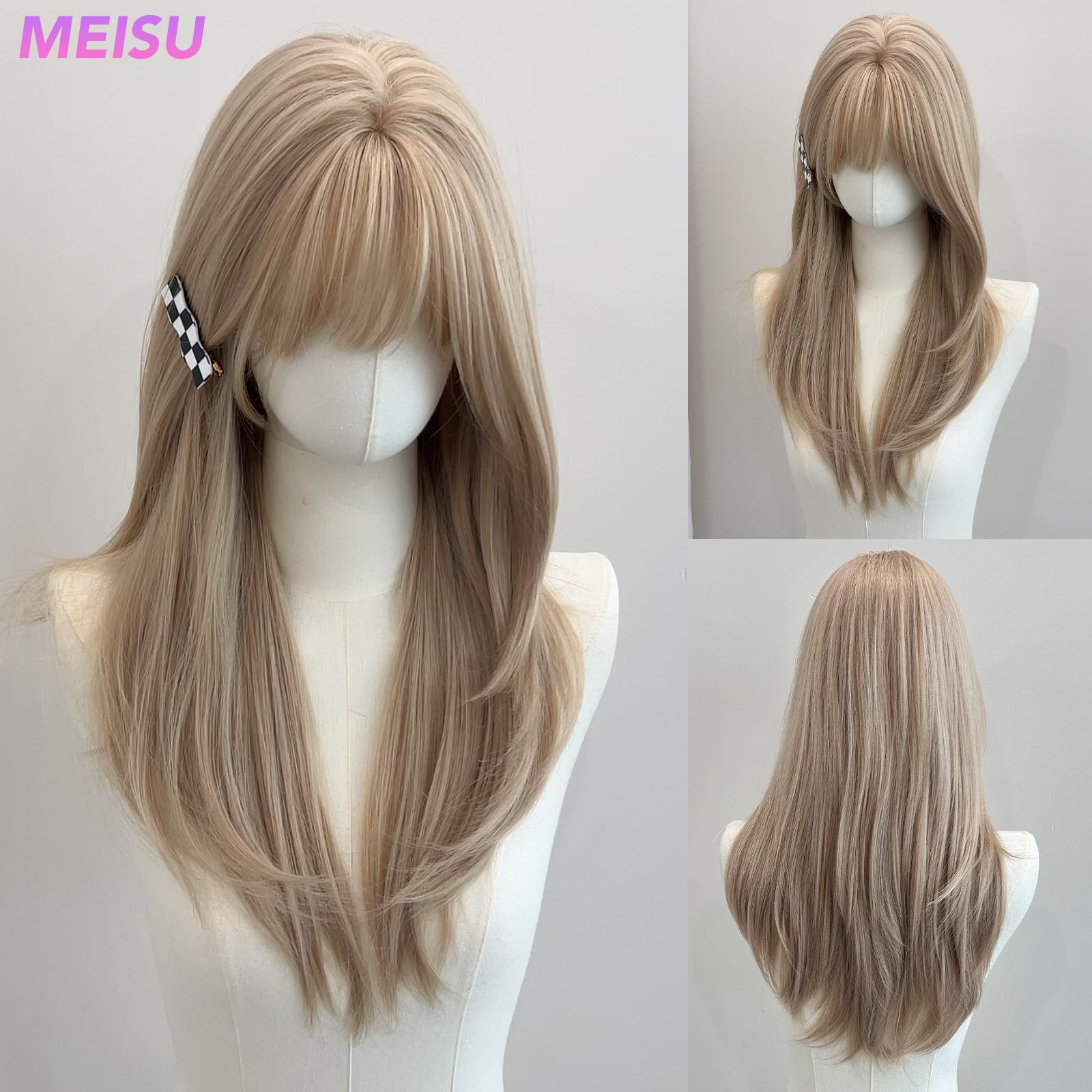 MEISU 22 Inch Synthetic Air Bangs Wig Straight Layered Straight Wigs Fiber Heat-resistant Party or Selfie For Women Daily Use