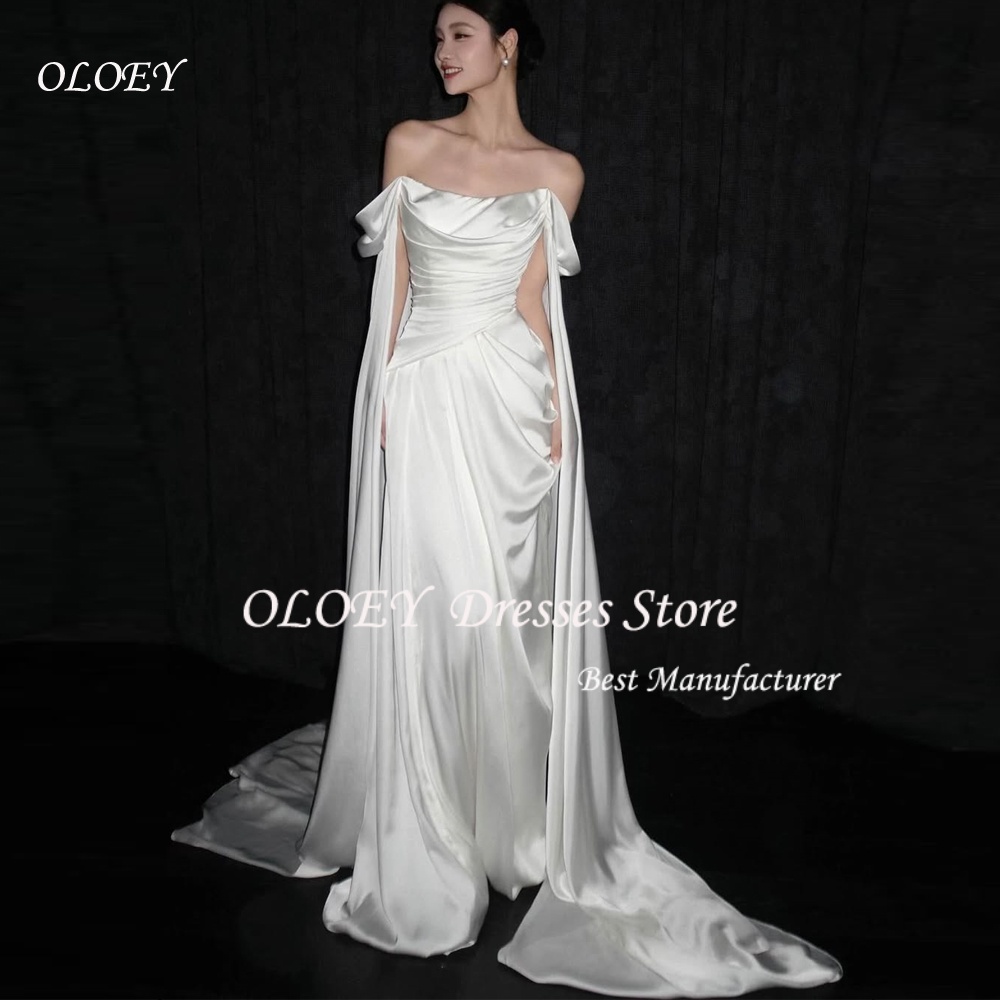 OLOEY-vestidos de novia sencillos de satén de seda con hombros descubiertos, vestidos de novia largos elegantes, personalizados, sesión de fotos