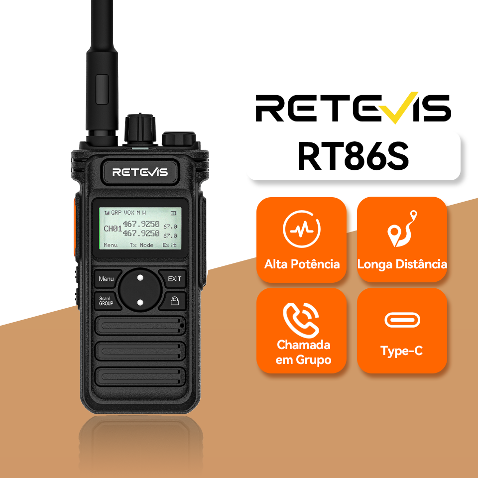 Retevis RT86S Radio de Comunicação Comunicador Walkies Talkies Official-website Walkie Talkie Rádio Comunicador Longo Alcance Longa Distância Portátil Interfone Ptt Walkie-talkie Profissional Rádios Portáteis UHF GMRS