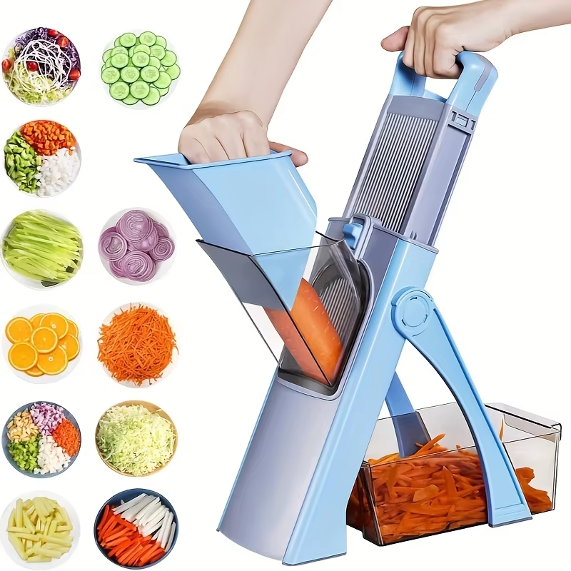 Trancheuse à légumes réglable en toute sécurité - Outil de hachage de cuisine 4 modes (Dicer, Julienne) (bleu ciel)