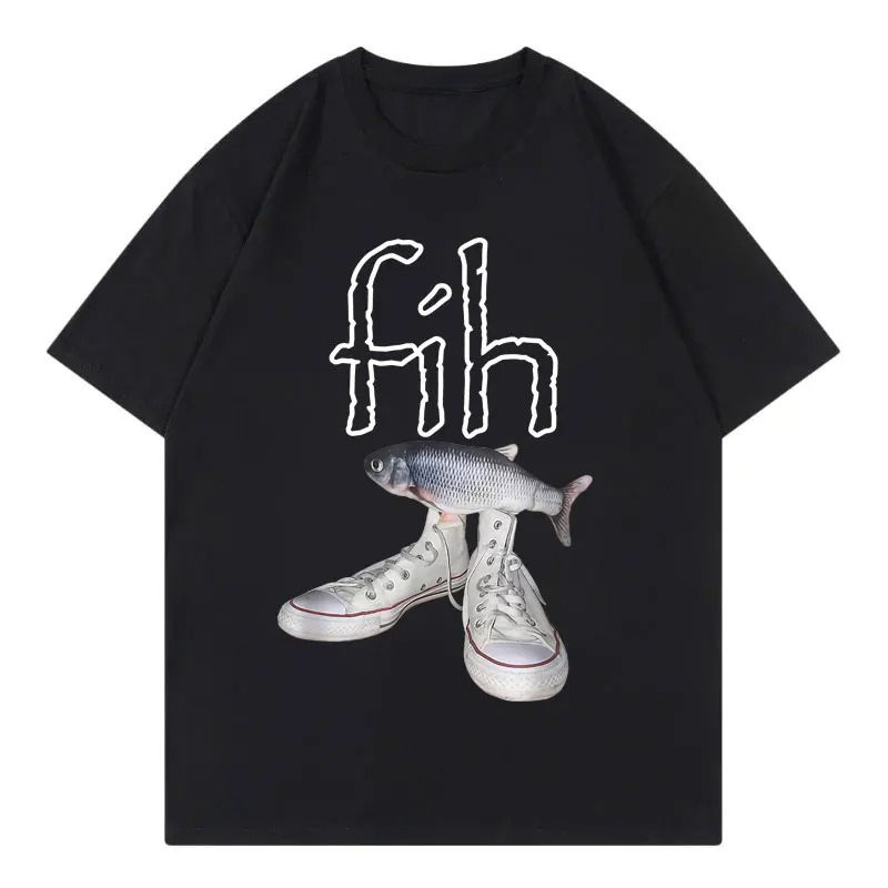 Novo estilo fih sapatos gráficos t camisas engraçado misspelled peixe meme t-shirtsfeminino moda casual manga curta camiseta