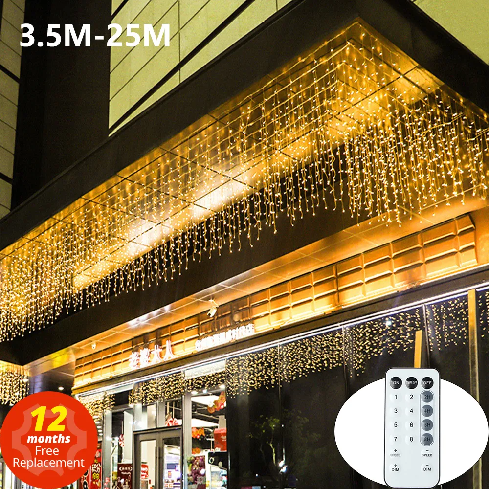 LED Eiszapfen Lichterketten Weihnachten Vorhang Lichterkette Girlande Fernbedienung Outdoor Für Neujahr Hochzeit Straße Urlaub Dekor