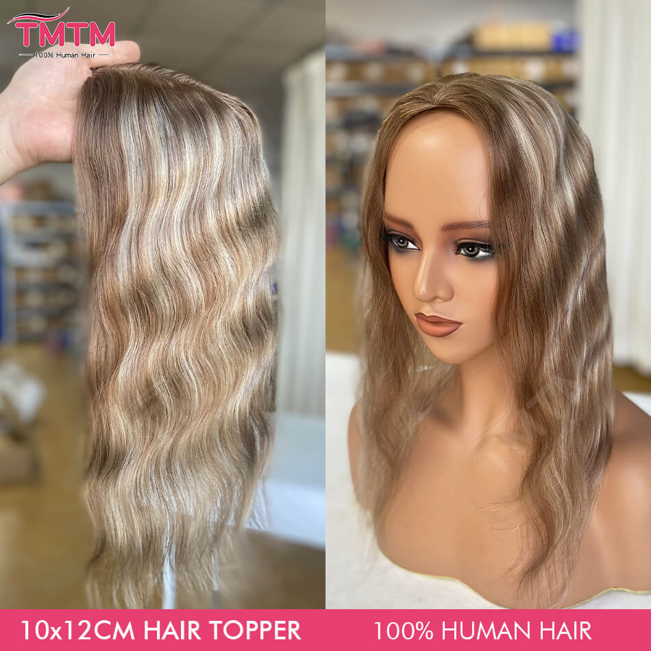 Apliques de Cabelo Humano 10x12CM para Mulheres, Castanho Balayage Loiro, Cabelo Humano Remy com 4 Clipes, Apliques em Ondas Naturais