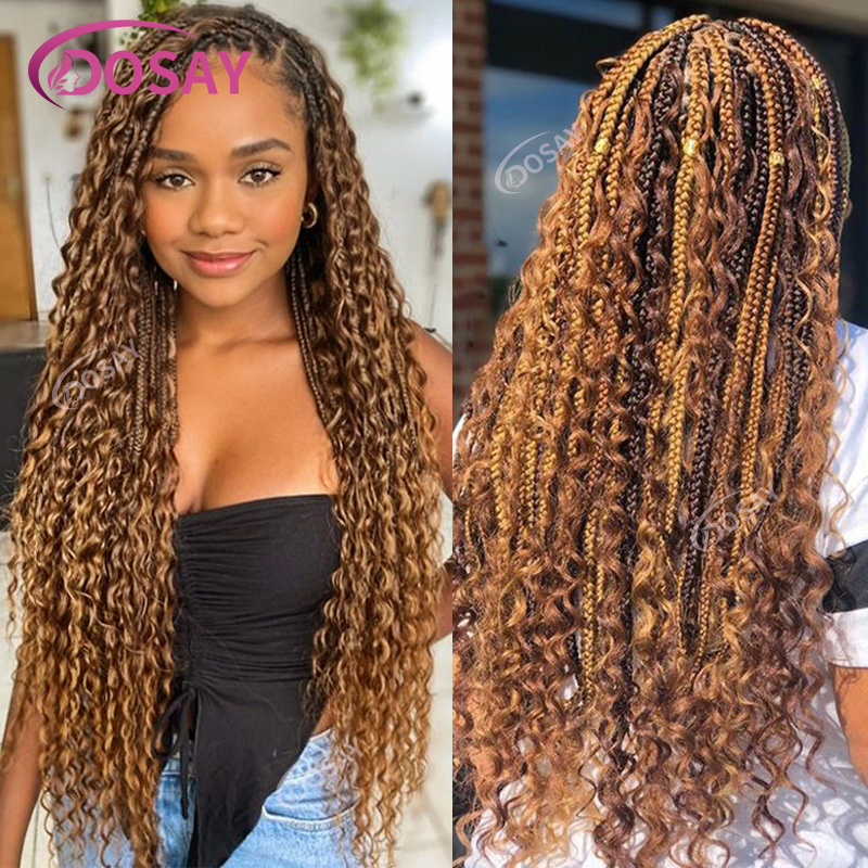 36 "เต็มลูกไม้Bohoถักวิกผมสังเคราะห์Knotlessกล่องBraidsวิกผมสําหรับผู้หญิงสีดําO Mbreสีบลอนด์ผมหยิกปลายเทพธิดาถักเปียวิกผม