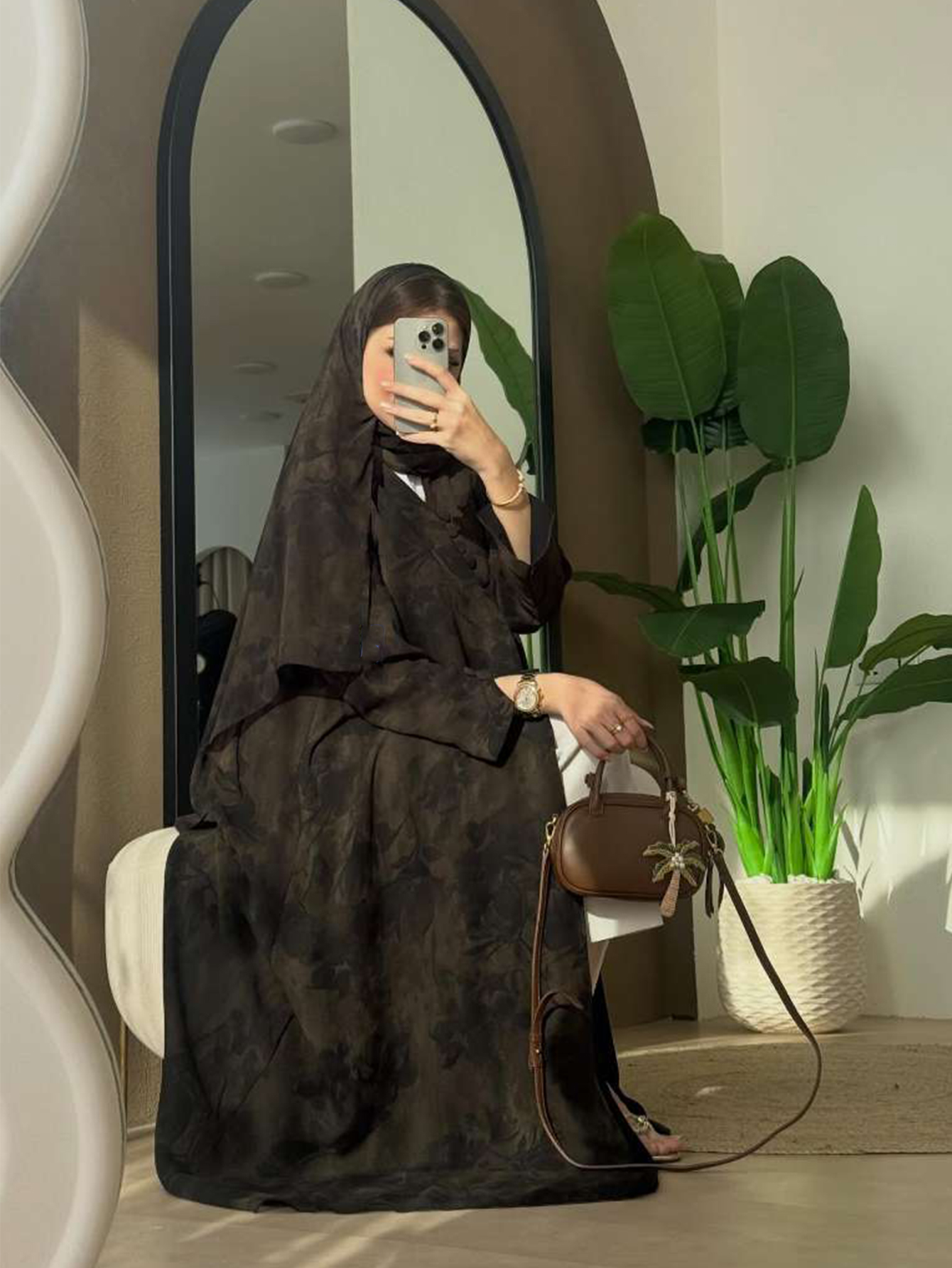 Modna, arabska, damska, długa, luźna, elegancka abaja z nadrukiem, z szalem w zestawie.