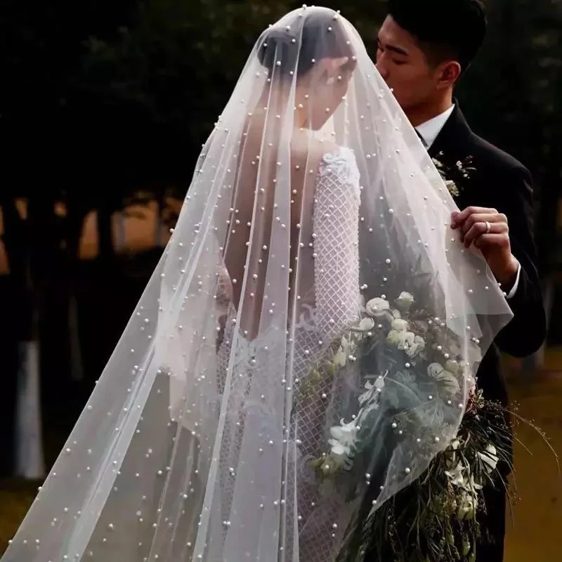 ไข่มุกผ้าคลุมหน้าเจ้าสาว 2 ชั้น Blusher Wedding Veil Drop Veil Face-ครอบคลุมด้วยหวีสีขาว/งาช้าง Velos de Noiva ลูกปัด Cathedral 300 ซม.