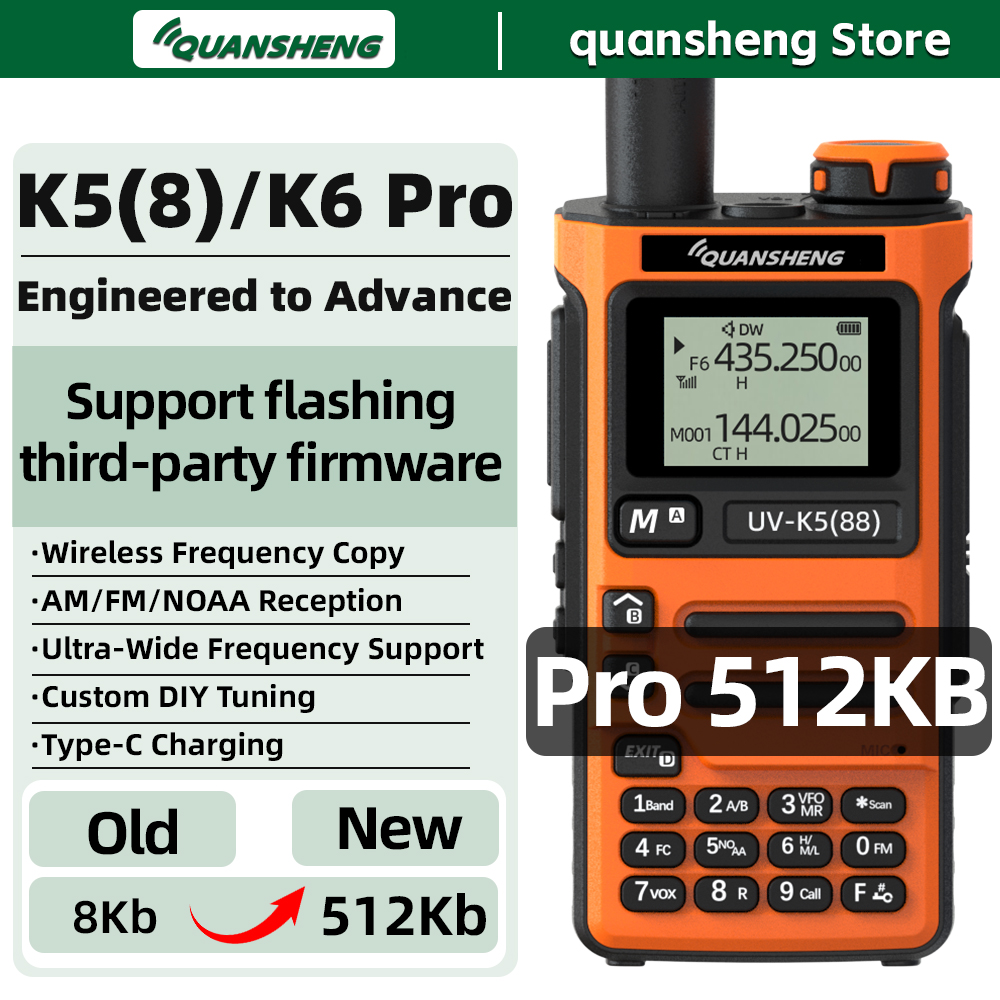 Quansheng UV K5 8 Walkie Talkie K6 Pro 512KB Memória de longo alcance portátil FM Ham Conjunto sem fio Walkier Rádio de comunicação de acampamento