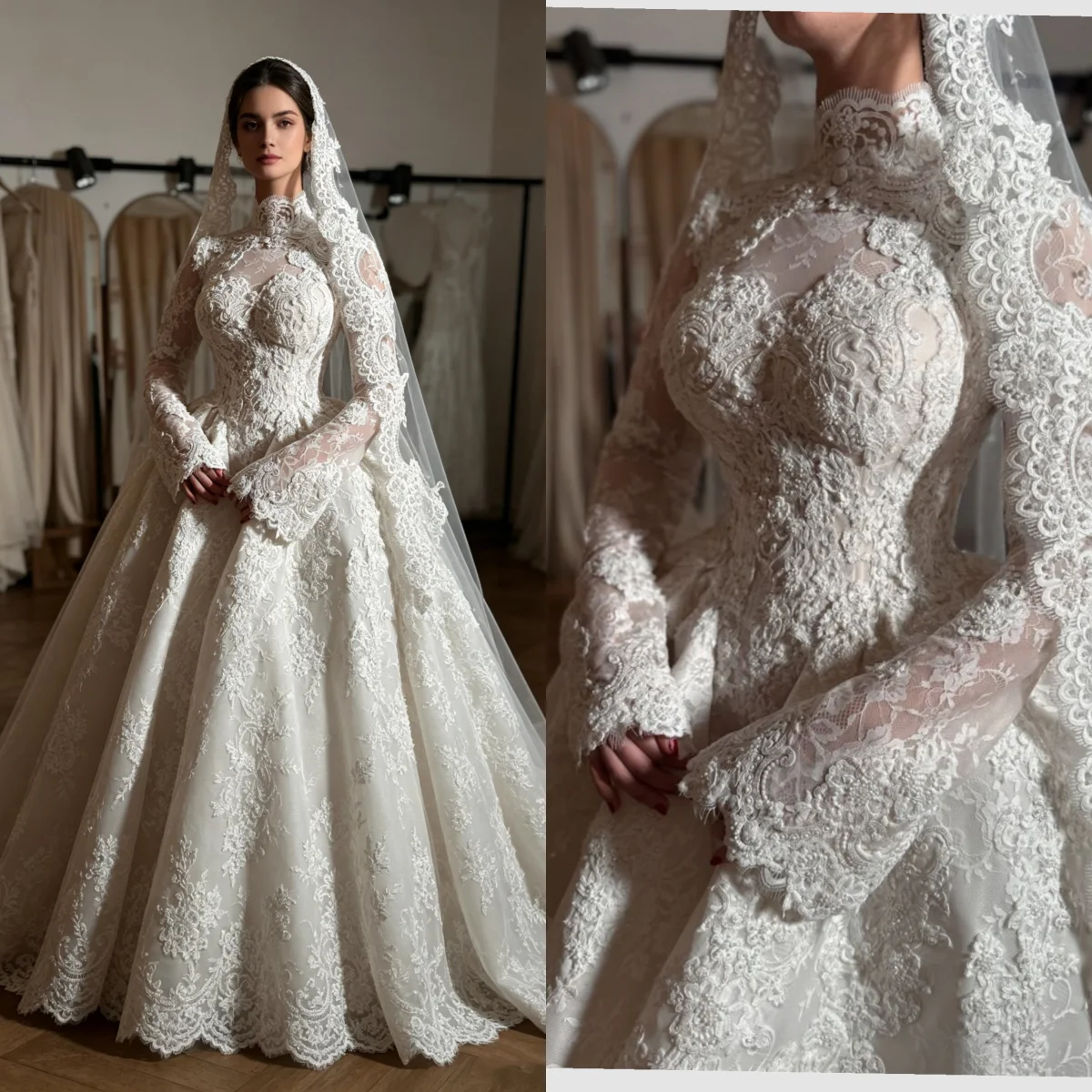 Custom Luxury High Neck Long Sleeve Lace Ball Gown Wedding Dress Cathedral Train Modest Muslim Bridal Gown Vestido De Novia