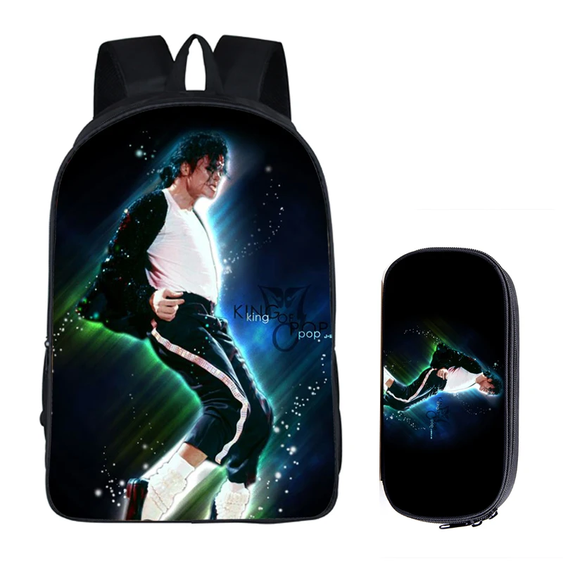 Mochilas con estampado de Michael Jackson para estudiantes, mochilas escolares para niños, bolsa de libros para hombres, Juego de 2 piezas con estuche para lápices, bolsa Harajuku