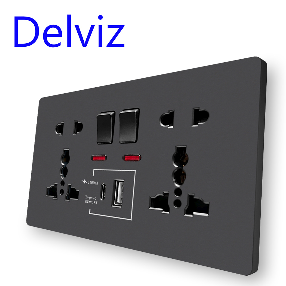 Toma de carga rápida de pared Delviz, puertos tipo C de 18W, toma de corriente Universal de control de interruptor doble, enchufe de interfaz USB estándar del Reino Unido