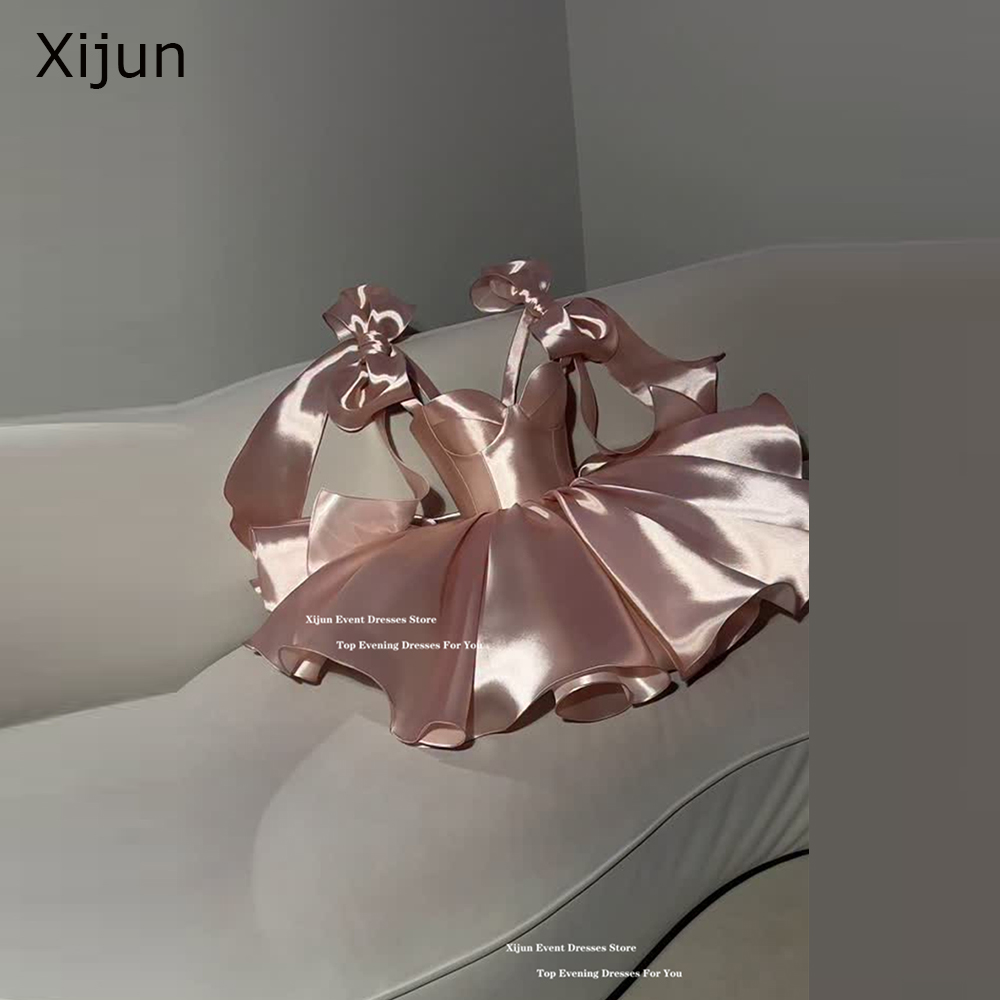 Xijun Abiti da sera moderni rosa Cinghie con fiocco con spalle scoperte Abiti da ballo Abiti da festa di compleanno formali con scollo a cuore Personalizzati