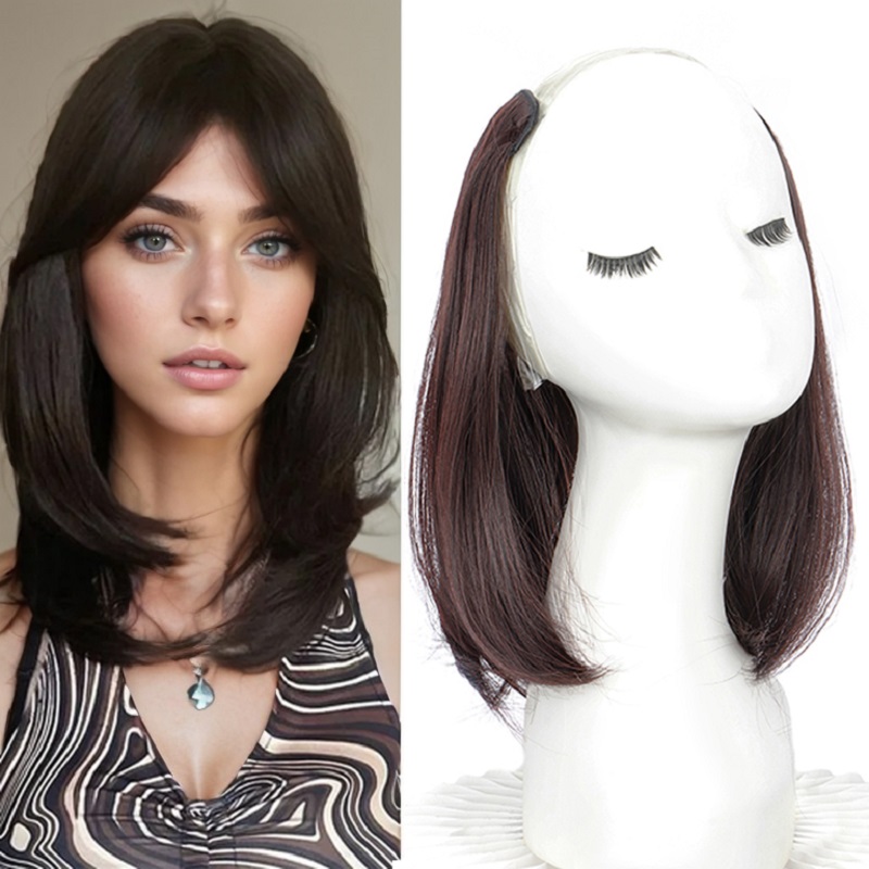 20/30cm sintético corto recto hebilla interna en forma de V media cabeza 4Clips extensión de cabello postizo Invisible para mujeres