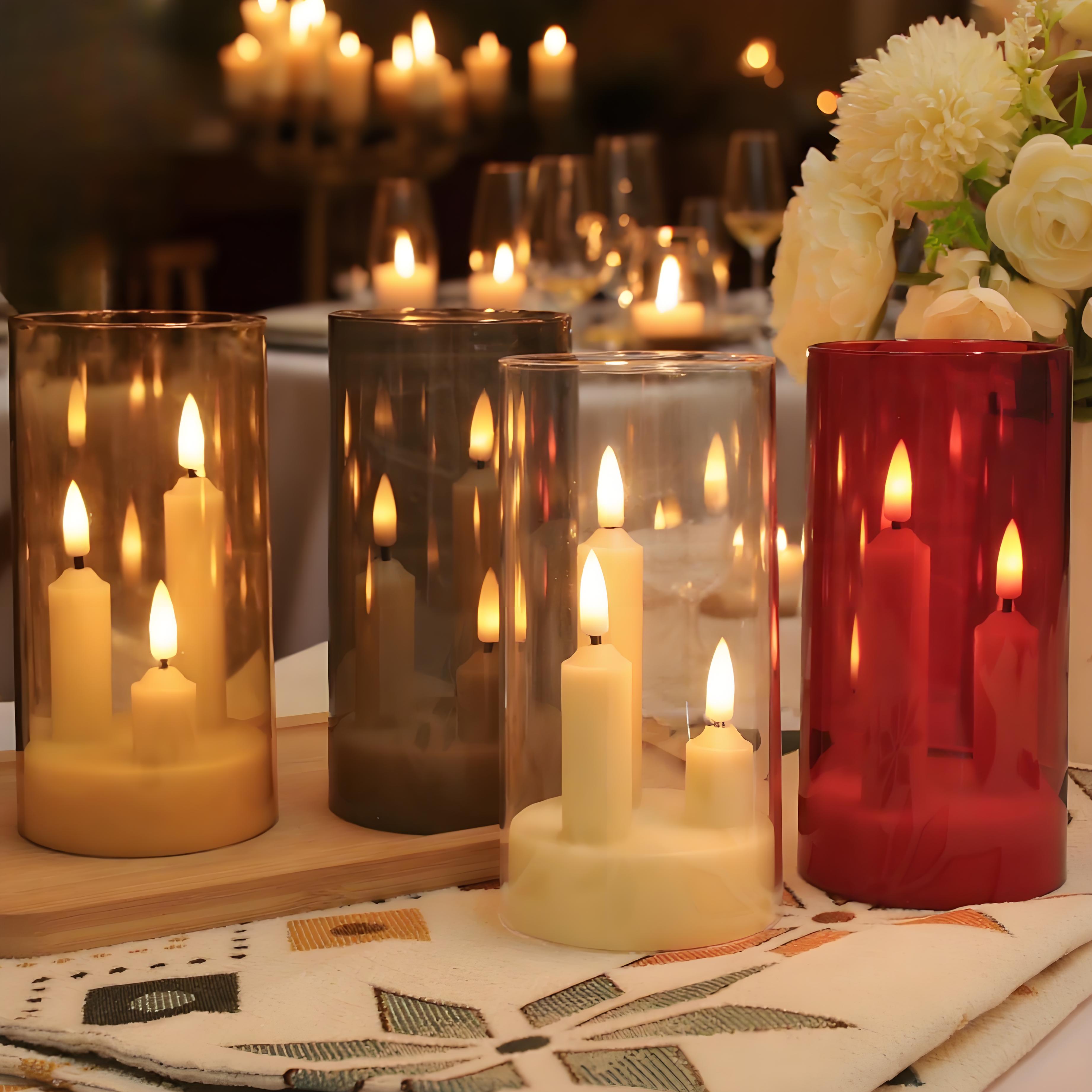 Velas cônicas 3 em 1 sem chama, 5/8/10cm, operadas por bateria, pilar acrílico, cintilação, velas eletrônicas com abajur