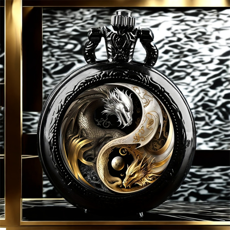 Vintage legal relógio de bolso dois dragão lua elegante relógio requintado com colar corrente amantes masculino relogio melhor presente