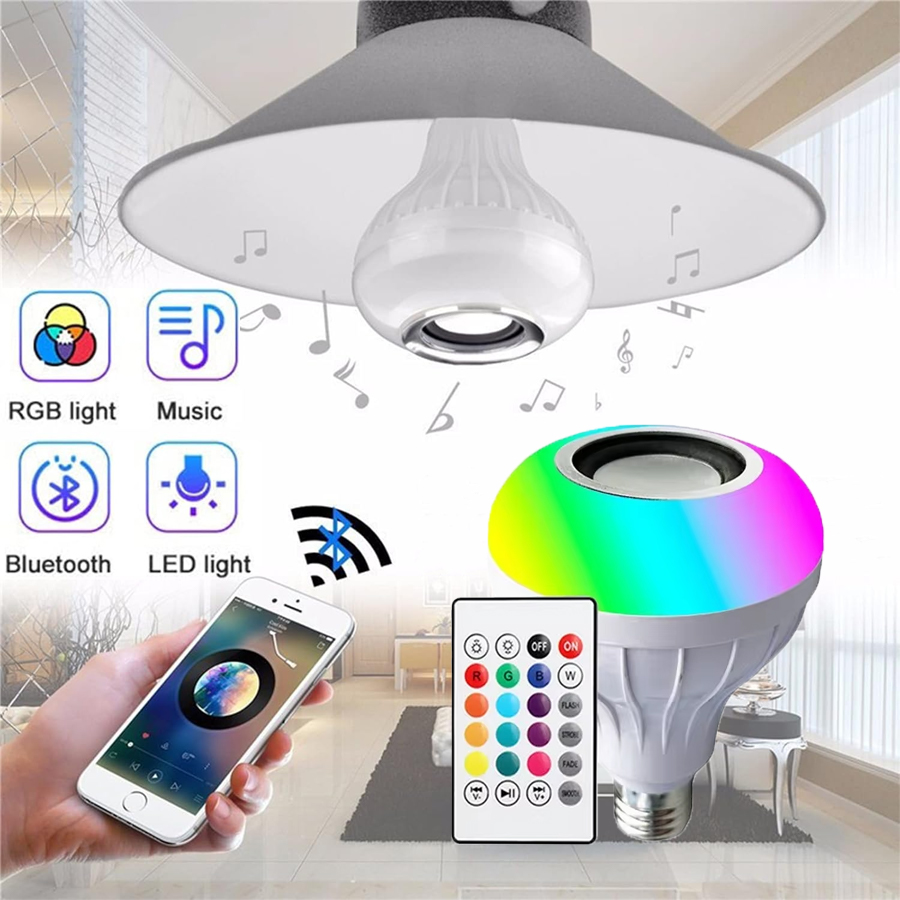 Lâmpada led branca rgb 85-265v e27 e26 soquete com controle remoto ir bluetooth música alto-falante mudança de cor para festa em casa