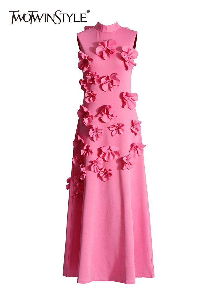 TWOTWINSTYLE Spliced Appliques Elegant Dresses For Women Stand Collar Sleeveless High Waist Patchwork Zipper Long Dress Female