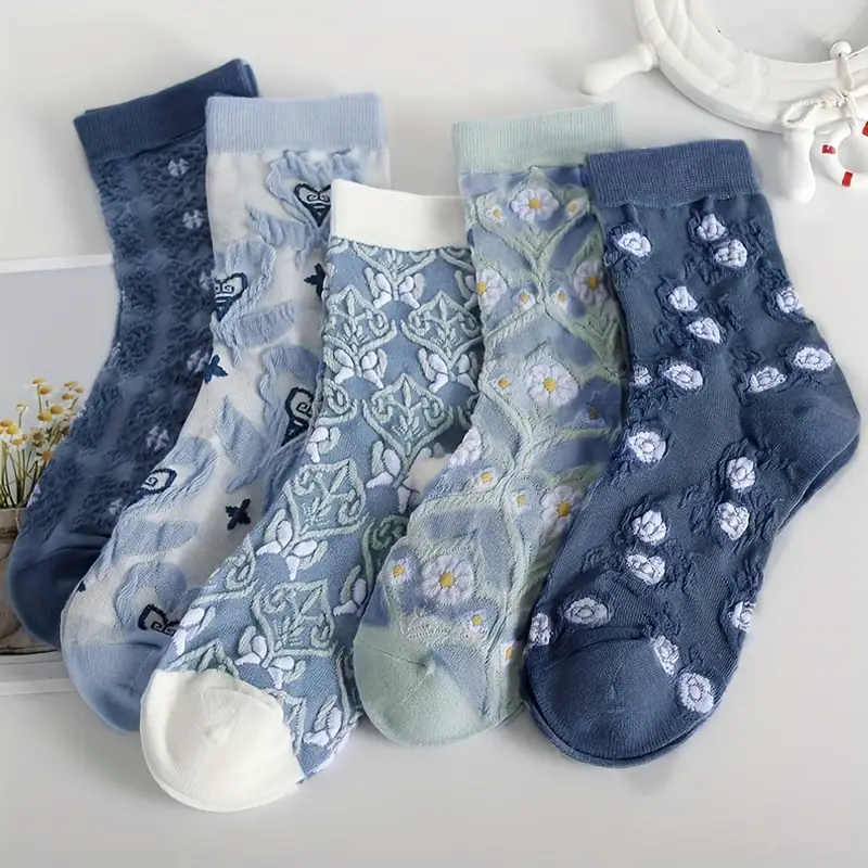 5 paires de chaussettes mi-tube bleues en Relief tridimensionnel de grande valeur pour femmes, chaussettes décontractées douces et confortables