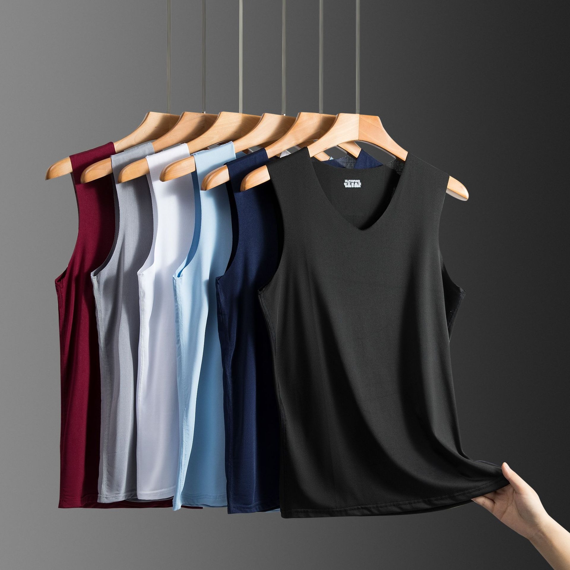 Canotta Estiva da Uomo in Seta Ghiaccio, Scollo a V Multicolore, Senza Cuciture, Sottile e Traspirante, Moda Estiva Maschile