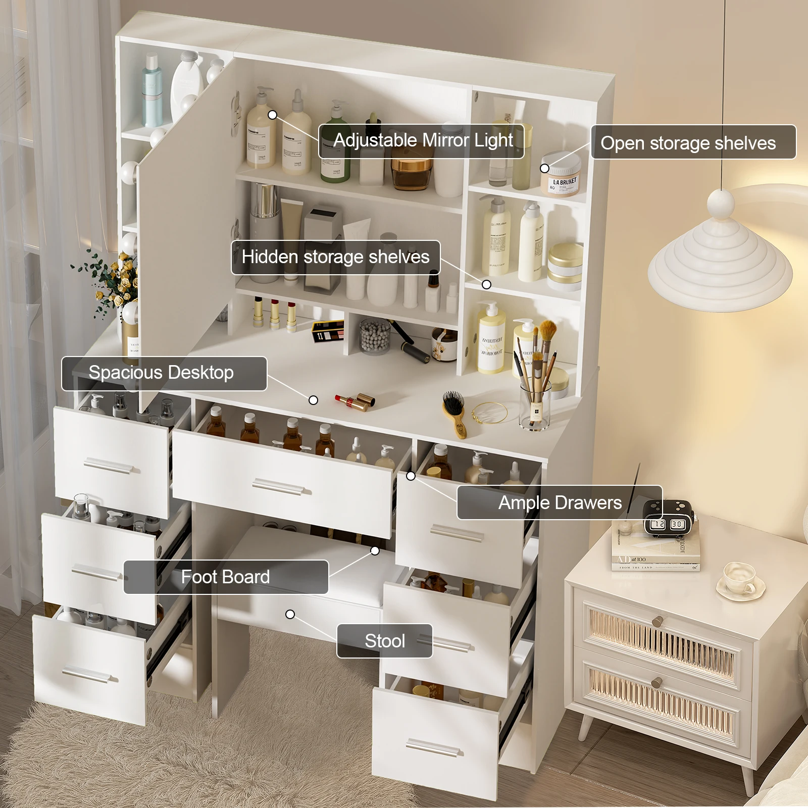 Vanity Desk Set w/ LED Lights Mirror Makeup Dressing Table and Stool 10 Shelves