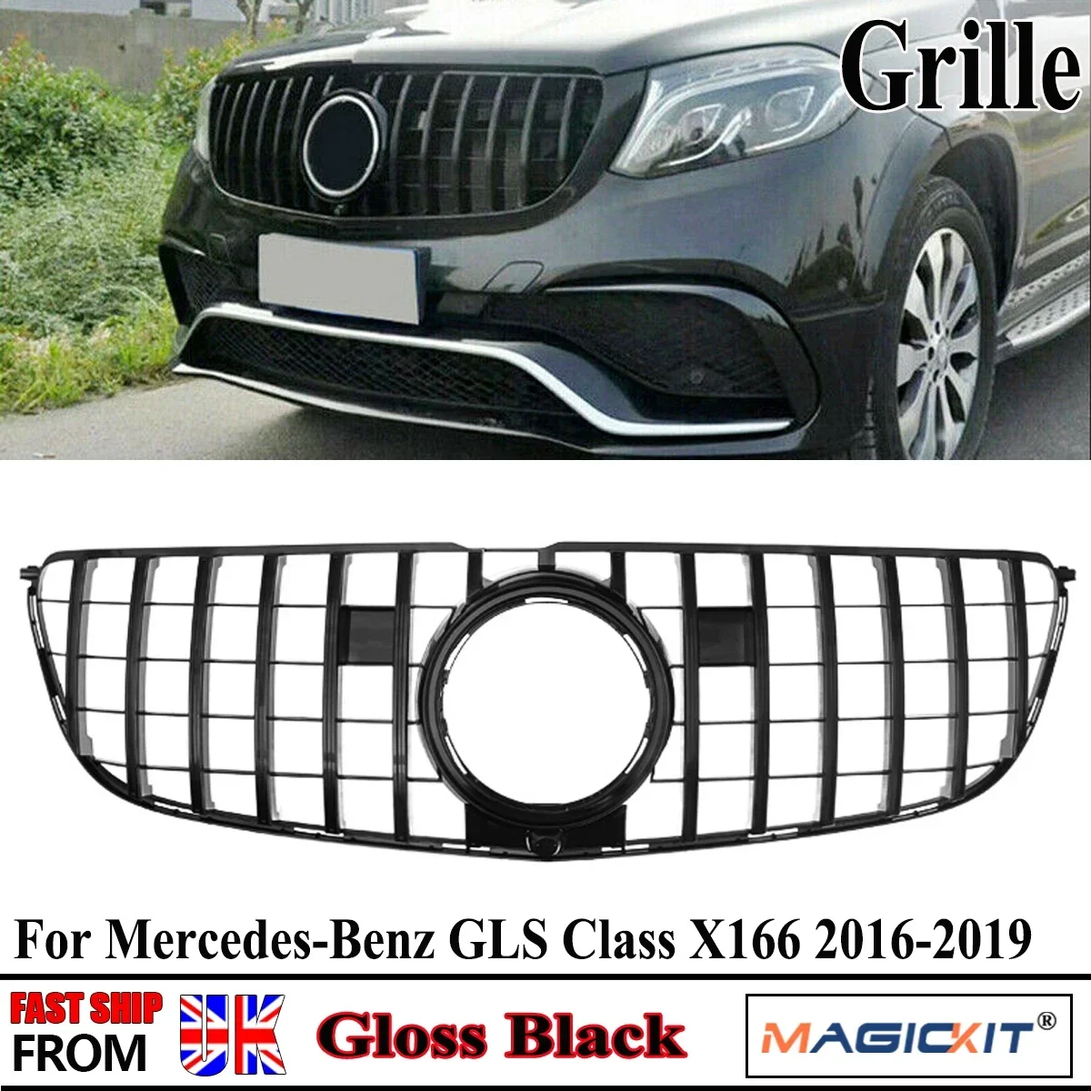 Grill w stylu ABS GT do Mercedes-Benz GLS klasy X166 czarny błyszczący przedni Grill 2016 2017 2018 2019 z otworami na aparat
