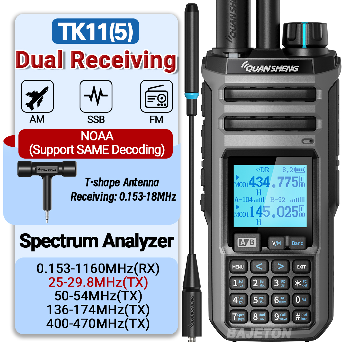 Quansheng TK11 5 10W Dual Receiving HF VHF UHF USB AM FM LSB CW 27MHz CB LW MW SW SSB Multi Band Spectrum Analyzer Ham Radio
