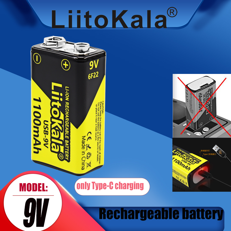 1PCS LiitoKala USB-9V 1100mAh Rechargeable Li-ion Battery Is Suitable for Camera Toy Multimeter Remote Control KTV Microphone