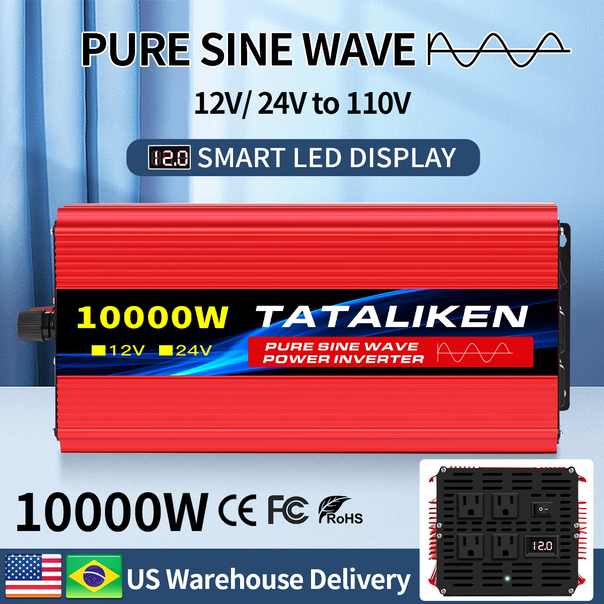 อินเวอร์เตอร์เพียวไซน์เวฟ1600W-4500W 12V/24V ไปยัง AC 110V 60Hz แปลงไฟฟ้าในรถยนต์แบบพกพาพร้อมจอแสดงผล LED