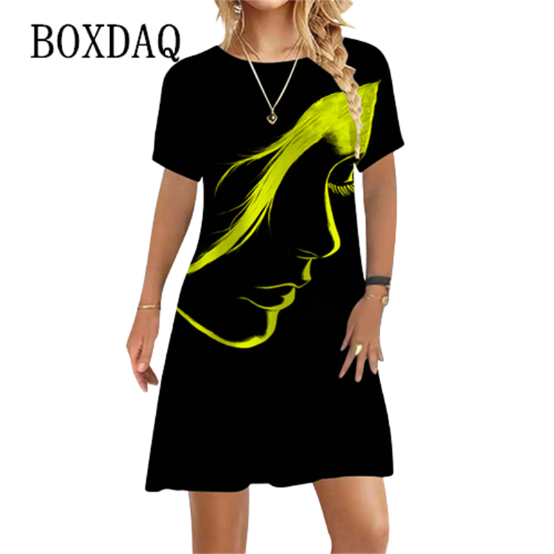 Moda abstrakcyjny nadruk twarzy kobiety ubierają letnia sukienka plażowa letnia sukienka z krótkim rękawem O-Neck luźna w stylu Casual, imprezowa sukienka trapezowa damska Vestido