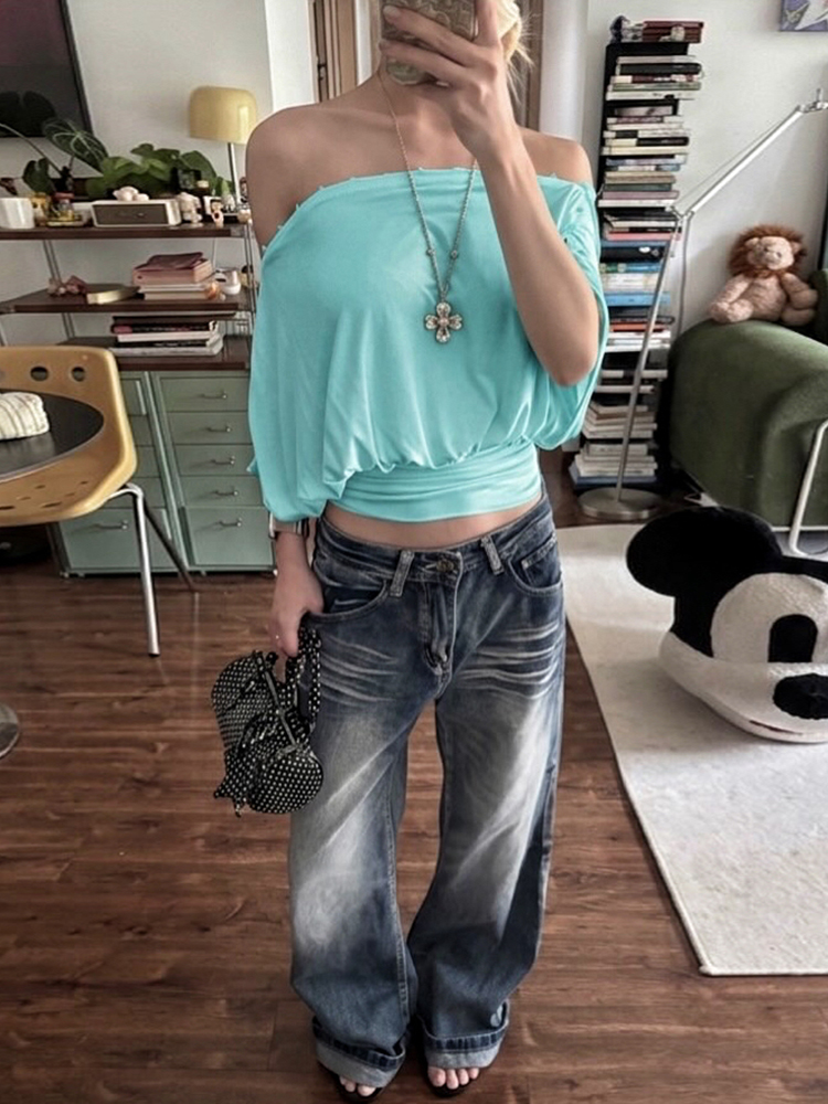 T-shirt classica Nibber da donna, a spalle scoperte, con maniche a pipistrello, pieghevoli, comoda, per il tempo libero, alla moda estiva, per il commuting quotidiano, streetwear