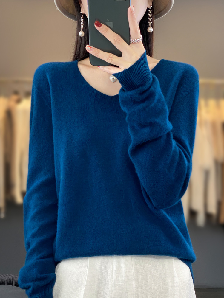 100% メリノウールの女性のセーター V ネック長袖プルオーバー秋冬の基本的なジャンパーカシミヤニット暖かい女性服