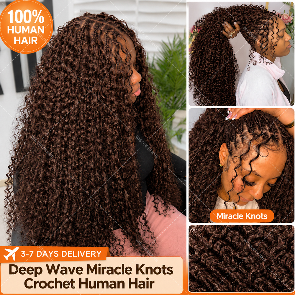 Brown Deep Wave Crochet Human Hair Extensions Miracle Knots Feather Crochet Pre Separated Remy Hair Soft Full Natural Look