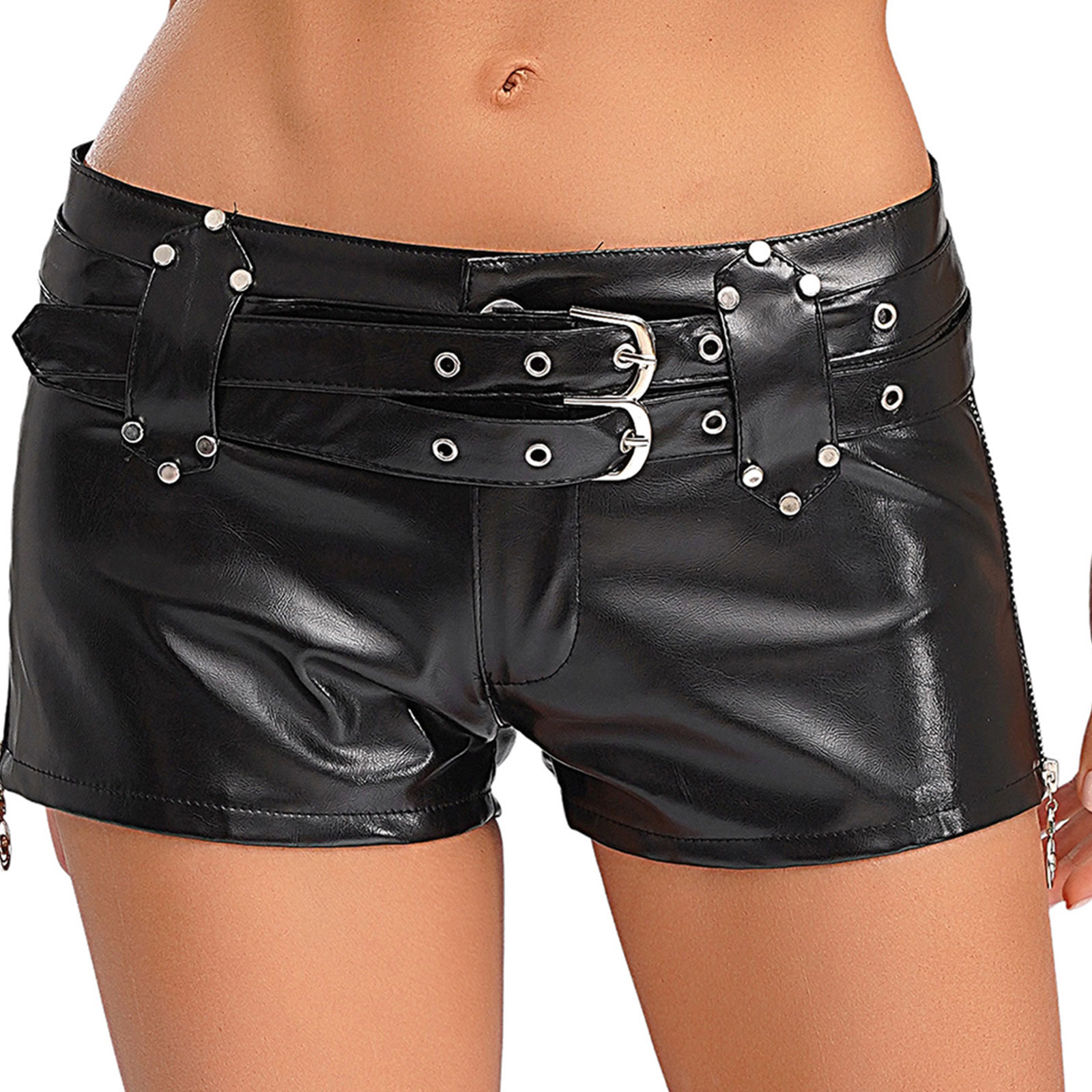 Damesshorts Mode PU-leer Hotpants Laagbouw Booty Shorts met verstelbare dubbele riemen Nachtclub Festival Raves Party