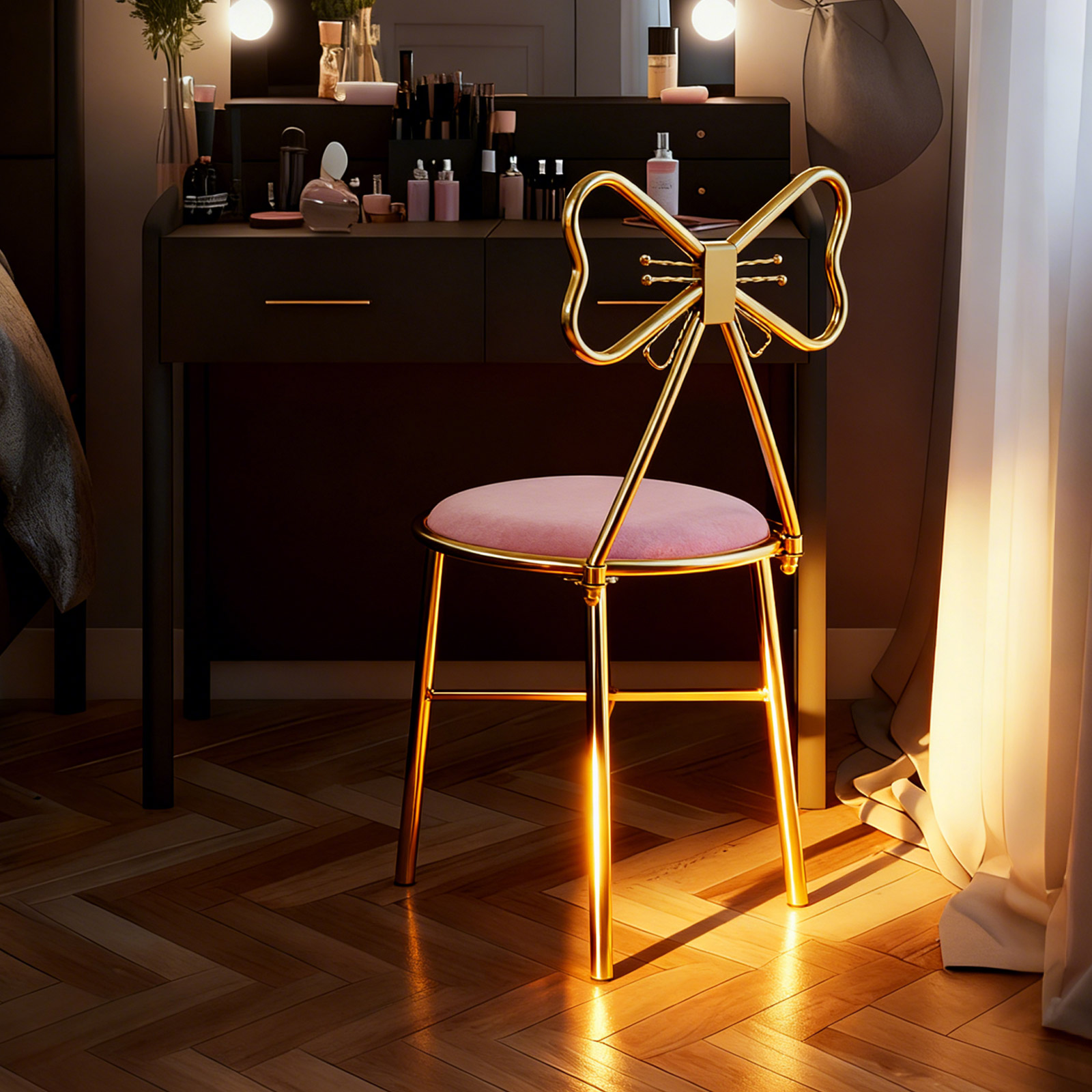 Roze Vlinder Terug Vanity Kruk Flanellen Make-up Stoel Meisje Dressing Kruk Rugleuning Manicure Stoel voor Slaapkamer Dressoir Salon
