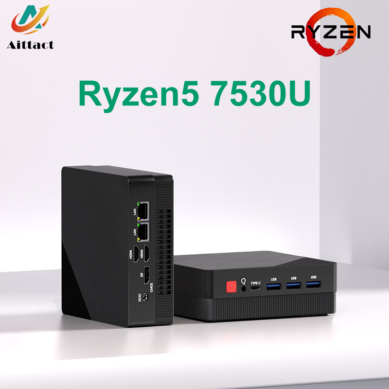 Aittact Mini PC AMD Ryzen7 7730U 4500U 4300U 5400U Computador de jogos de mesa WIFI5 BT4.0 DDR4 Display triplo LAN duplo