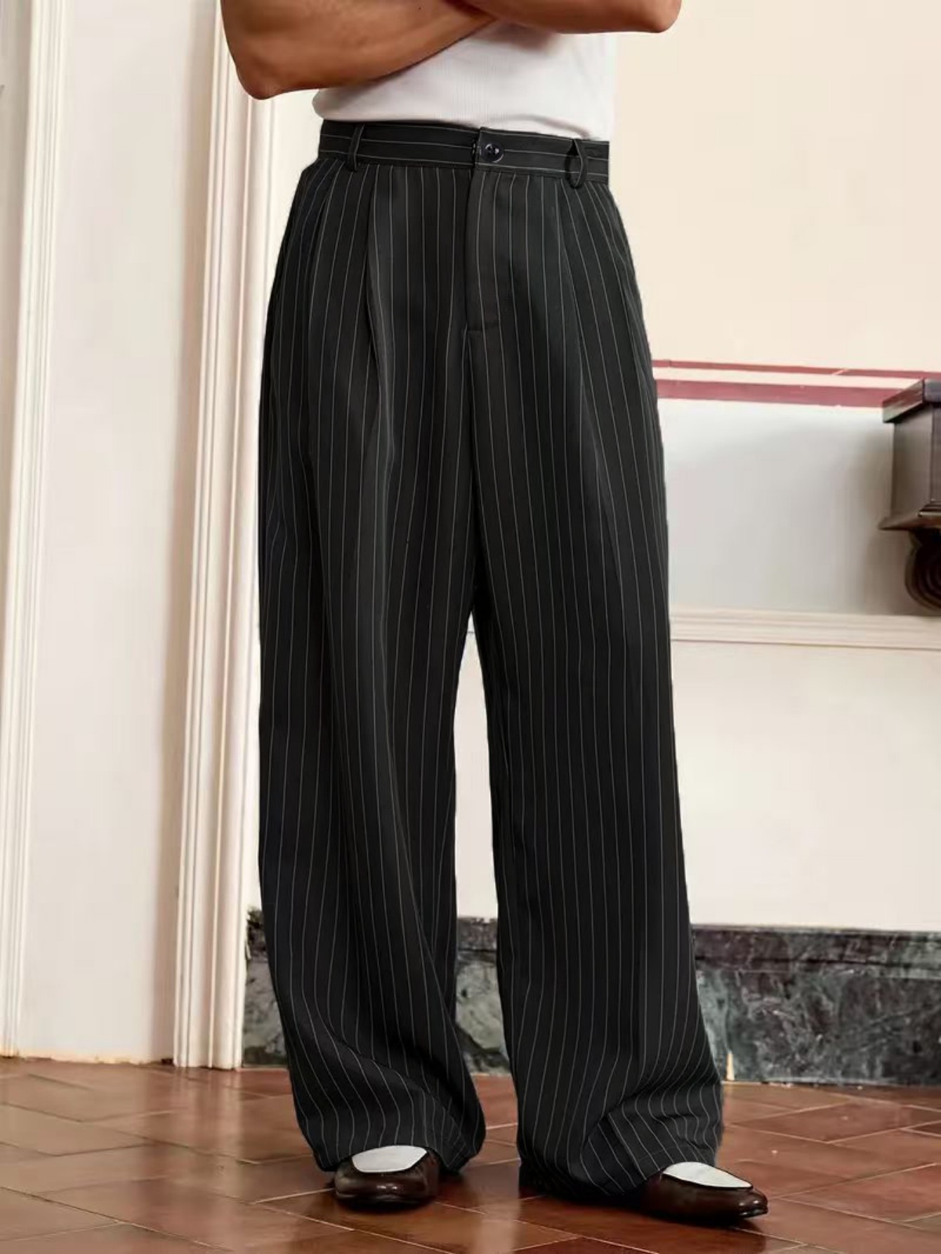 Plus Size Heren Casual Gestreepte Pakbroek Vrije tijd Wijde Pijpen Broek voor Plus Size Heren